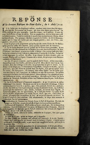 Cover for Reponse a la derniere replique du sieur Collas, du 8 aou t 1722