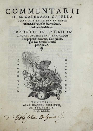 Cover for Commentarii di M. Galeazzo Capella delle cose fatte per la resitutione di Francesco Sforza secondo, duca di Milano