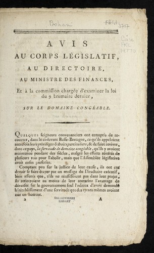Cover for Avis au Corps le gislatif, au Directoire, au ministre des finances, et a   la commission charge e d'examiner la loi du 9 brumaire dernier, sur le domaine conge able