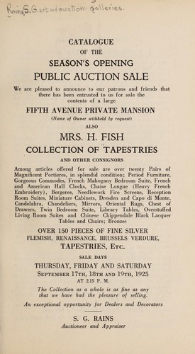 Cover for Catalogue of the... contents of a large Fifth Avenue private mansion... also Mrs. H. Fish collection of tapestries and other consignors... furniture... silver... tapestries