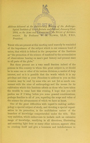 Cover for Address delivered at the anniversary meeting of the Anthropological Institute of Great Britain and Ireland, January 22nd, 1884, on the aims and prospects of the study of anthropology