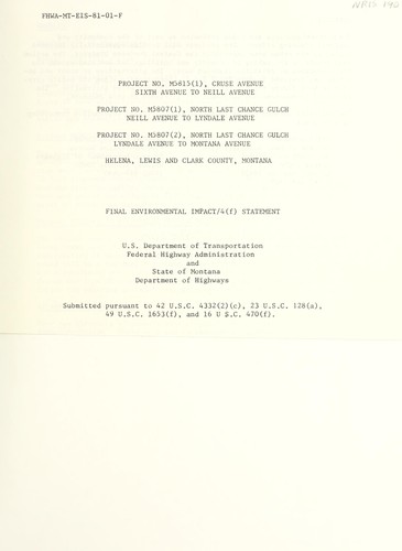 Cover for Project no. M5815(1), Cruse Avenue, Sixth Avenue to Neill Avenue, project no. M5807(1), North Last Chance Gulch Neill Avenue to Lyndale Avenue, project no. M5807(2), North Last Chance Gulch Lyndale Avenue to Montana Avenue, Helena, Lewis and Clark County, Montana