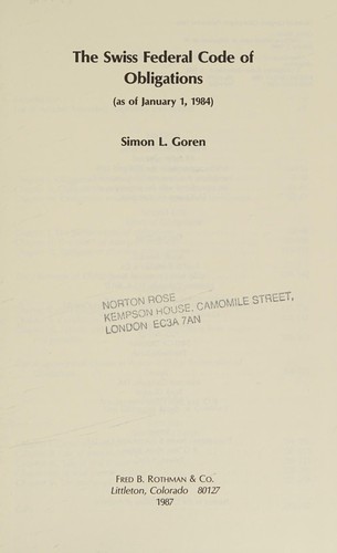 Cover for The Swiss federal code of obligations (as of January 1, 1984)