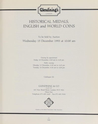 Cover for Historical medals, and English and world coins, [including] an unusual and important group of "Weyl" patterns, ... struck in Germany around the turn of the century, ... and distributed in England by Adolph Weyl; [as well as] a U.S.A. proof trade dollar, 1875; and a U.S.A. dime, 1805, draped bust, rev. heraldic eagle, four berries; [etc.] ...