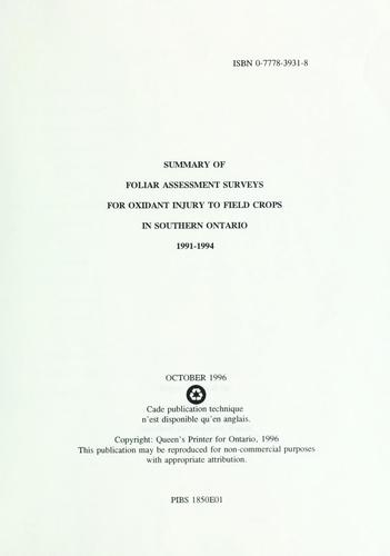Cover for Summary of foliar assessment surveys for oxidant injury to field crops in southern Ontario, 1991-1994