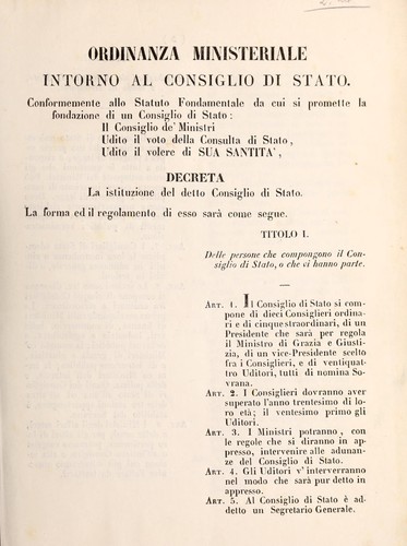 Cover for Ordinanza ministeriale intorno al Consiglio di stato