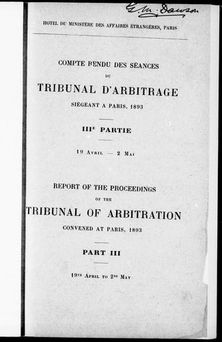 Cover for Compte rendu des séances du Tribunal d'arbitrage siégeant à Paris, 1893