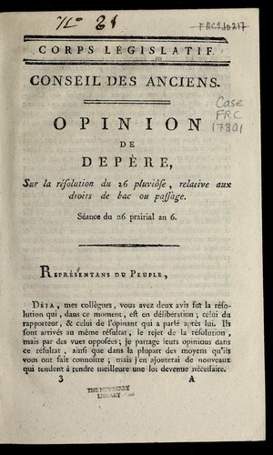 Cover for Opinion de Depe  re sur la re solution du 26 pluvio se, relative aux droits de bac ou passage