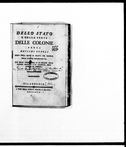 Cover for Dello stato e della sorte delle colonie, degli antichi popoli