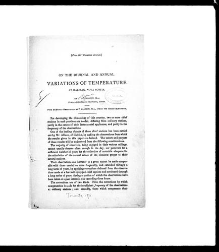 Cover for On the diurnal and annual variations of temperature at Halifax, Nova Scotia
