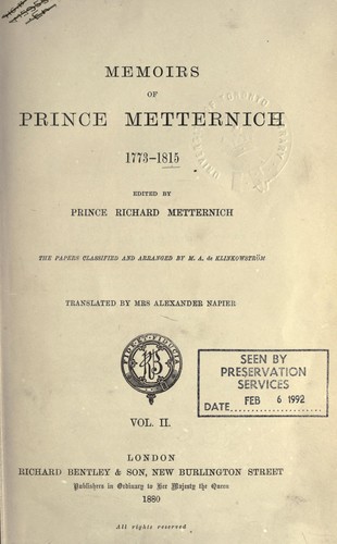 Cover for Memoirs of Prince Metternich