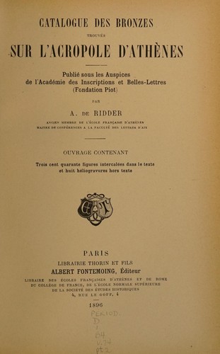 Cover for Catalogue des bronzes trouvés sur l'Acropole d'Athènes