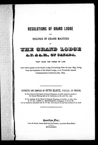 Cover for Resolutions of Grand Lodge and rulings of Grand Masters of the Grand Lodge A.F. & A.M., of Canada that have the force of law