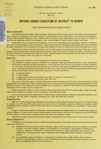 Cover for Ontario labour legislation of interest to women