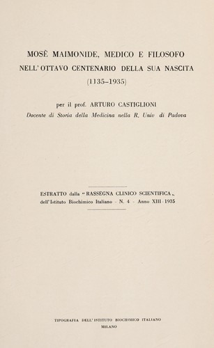 Cover for Mosé Maimonide, medico e filosofo nell' ottavo centenario della sua nascita (1135-1935)