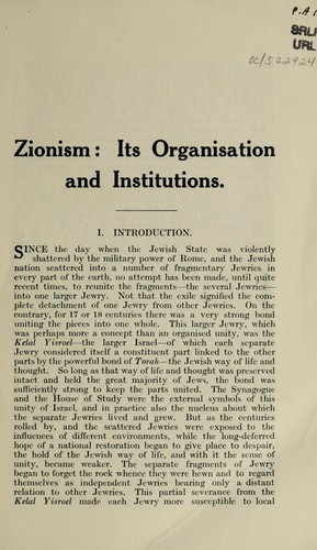 Cover for Zionism:  its organisation and institution