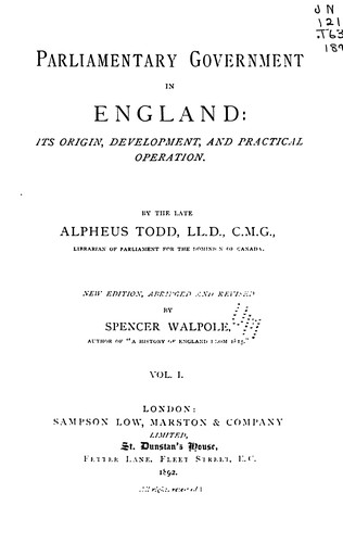 Cover for Parliamentary Government in England: Its Origin, Development and Practical Operation