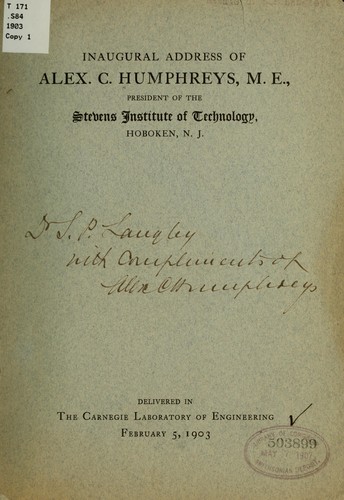 Cover for Inaugural address of Alex. C. Humphreys