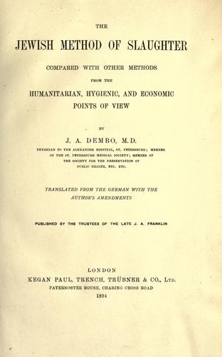 Cover for The Jewish method of slaughter compared with other methods