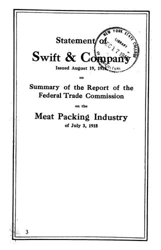 Cover for Statement of Swift & company, issued August 19, 1918, on summary of the report of the Federal trade commission on the meat packing industry of July 3, 1918