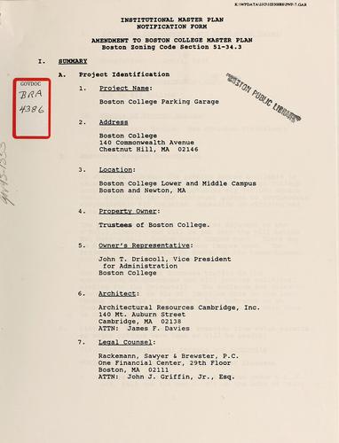 Cover for Institutional master plan notification form, amendment to Boston college master plan, Boston zoning code section 51-34.3.
