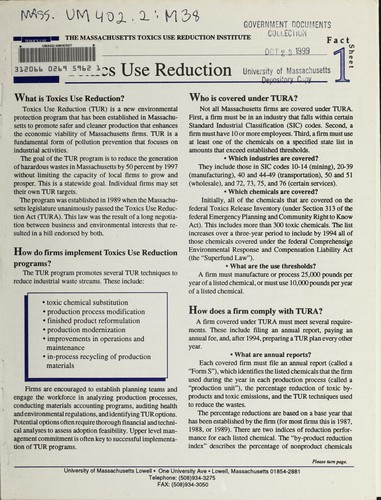 Cover for Massachusetts Toxics Use Reduction Institute