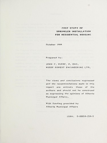 Cover for Cost study of sprinker installation for residential housing