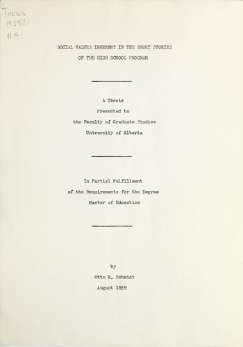 Cover for Social values inherent in the short stories in the high school program
