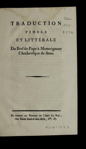 Cover for Traduction fidele et litte rale du bref