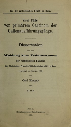 Cover for Zwei Fälle von primärem Carcinom der Gallenausführungsgänge ...