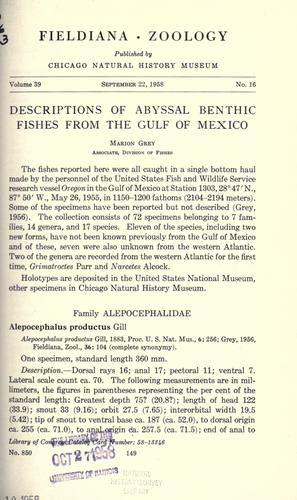 Cover for Descriptions of abyssal benthic fishes from the Gulf of Mexico.
