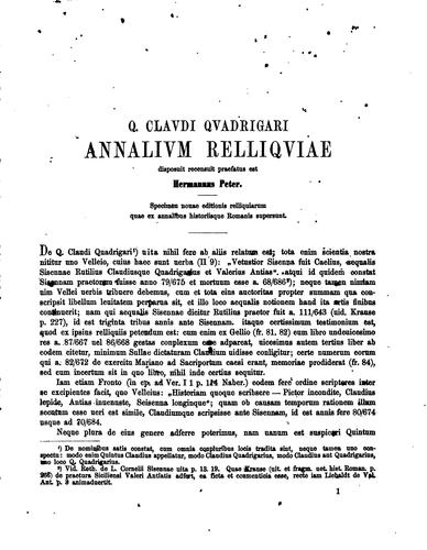 Cover for Q. Claudi quadrigari annalium reliquiae