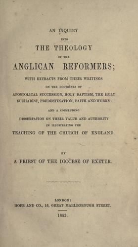 Cover for inquiry into the theology of the Anglican reformers