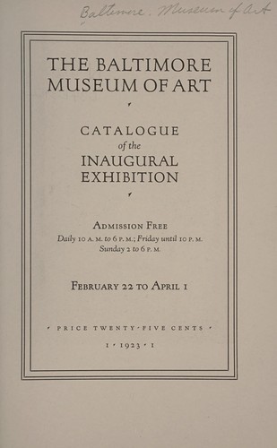 Cover for Catalogue of the inaugural exhibition, Baltimore Museum of Art, February 22 to April 1.