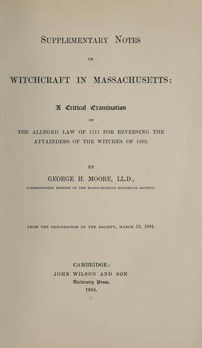 Cover for Supplementary notes on witchcraft in Massachusetts