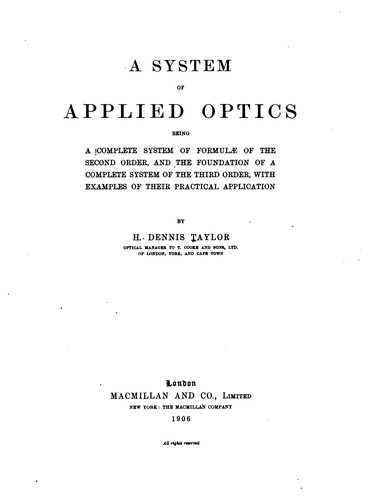 Cover for A System of Applied Optics: Being a Complete System of Formulæ of the Second ...