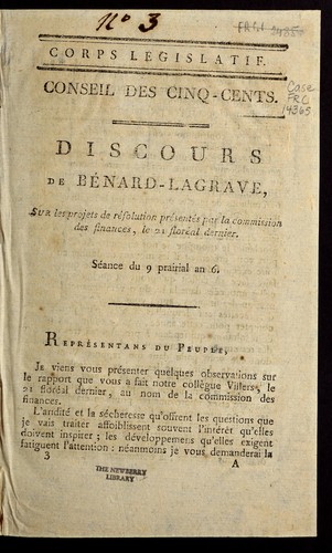 Cover for Discours de Be nard-Lagrave, sur les projets de re solution pre sente s par la Commission des finances, le 21 flore al dernier