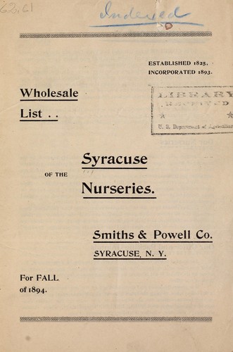 Cover for Wholesale list of the Syracuse Nurseries