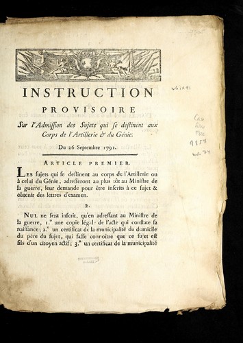 Cover for Instruction provisoire sur l'admission des sujets qui se destinent aux corps de l'artillerie & du ge nie