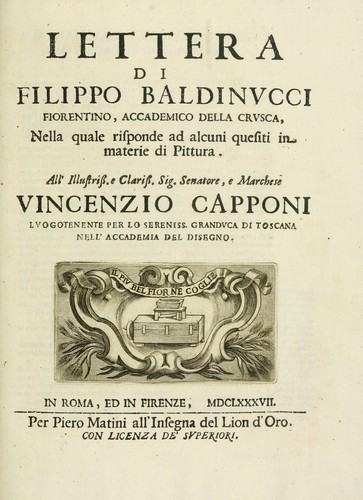 Cover for Lettera di Filippo Baldinvcci ... nella quale risponde ad alcuni quesiti in materie di pittura.
