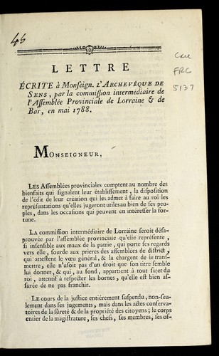 Cover for Lettre e crite a   Monseign. l'Archeve que de Sens