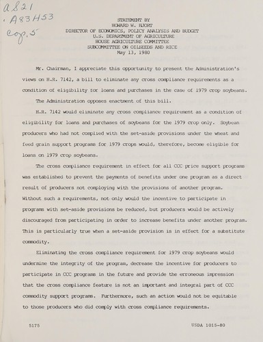 Cover for Statement by the Director of Economics, Policy Analysis and Budget, U.S. Department of Agriculture, House Agriculture Committee, Subcommittee on Oilseeds and Rice