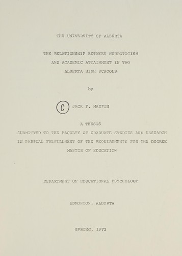 Cover for The relationship between neuroticism and academic attainment in two Alberta high schools