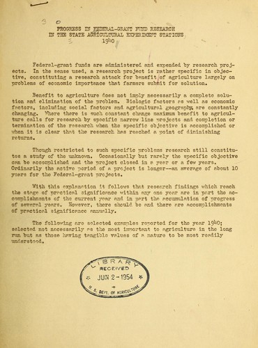 Cover for Progress in Federal-grant fund research in the State agricultural experiment stations, 1940