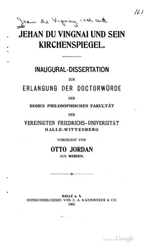 Cover for Jehan du Vingnai und sein Kirchenspiegel