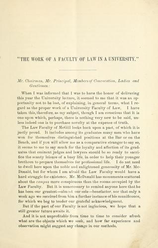 Cover for "The work of a faculty of law in a university"