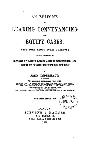 Cover for An Epitome of Leading Conveyancing and Equity Cases: With Some Short Notes Thereon: Chiefly ...