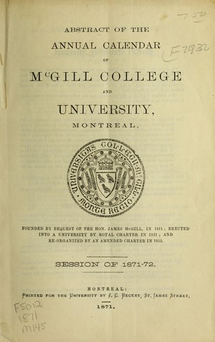 Cover for Abstract of the annual calendar of McGill College and University, Montreal ... session of 1871-72