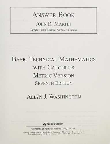 Cover for Answer book to accompany Basic technical mathematics with calculus, 7th edtion