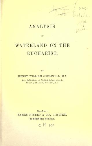 Cover for Analysis of Waterland on the Eucharist